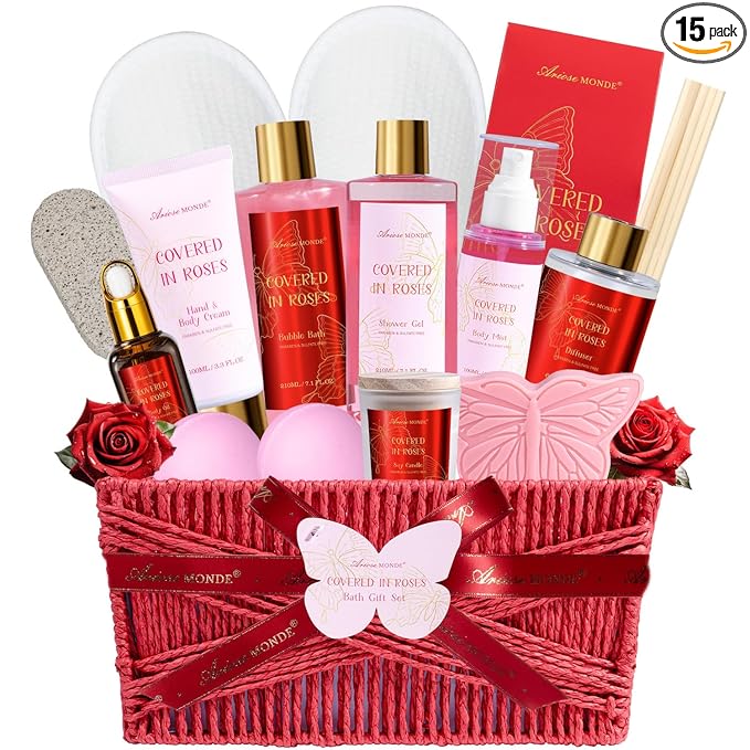 Mothers Day Gifts for Mom,15Pcs Rose Bath and Body Gifts for Women, Relaxing Spa Gift Basket for Her, Mom, Sister, Female Friends, Daughter,Unique Bath Gift Set Idea for Women Who Have Everything