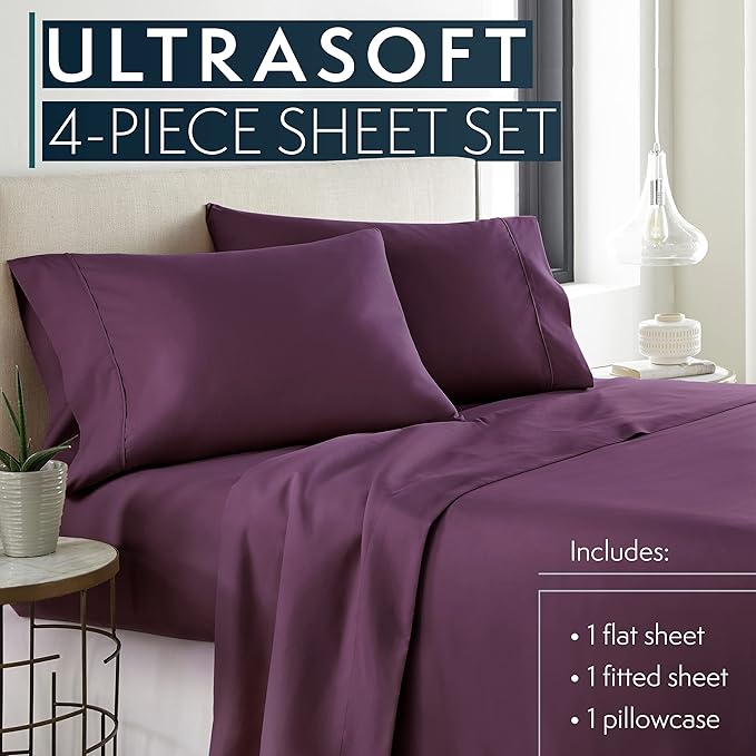 HC Collection California King Sheet Sets, 4 pc Bed Sheets & Pillowcases Set - Machine Washable for Easy Care - Soft & Breathable All Season Microfiber Sheets with Deep Pockets - Purple