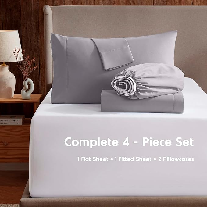 Nestl Extra Deep Twin XL Sheet Set - 4 Piece Breathable & Cooling Sheets - Hotel Luxury Bedding Set w/18-24 Inch Deep Pockets - Easy & Secure Fit - Super Soft, Wrinkle Free & Comfy - Gray Lavender