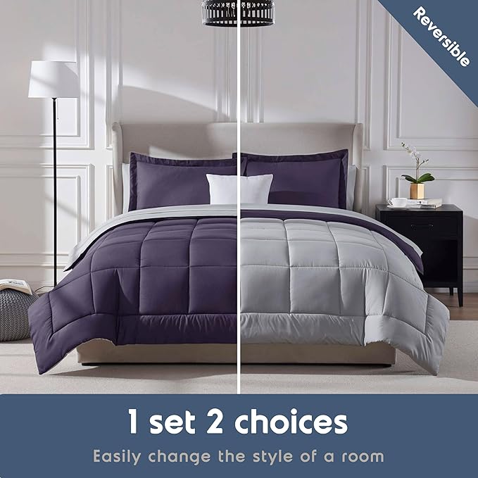 Nestl 9 Piece Queen Comforter Set – Purple Reversible Bed in a Bag – Complete Queen Size Bedding Set with Sheets, Set of 2 Down Alternative Pillows, Pillowcases and Shams