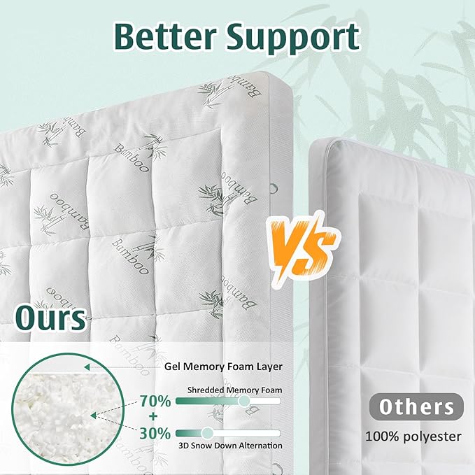 DOWNCOOL Memory Foam Mattress Topper Twin, Cooling Pillow Top Mattress Pad with Viscose Derived from Bamboo, Back Pain Relief, Deep Pocket Fits 8–21 Inch