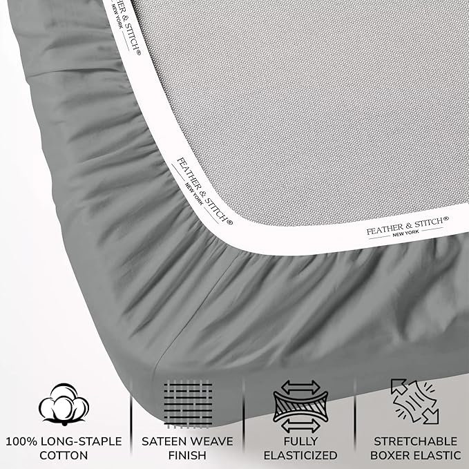 Feather & Stitch 500 TC California King Size 4pc Damask Bed Sheet Set, 100% Soft Cotton Breathable Bedsheets, 18" Deep Pockets Sateen Weave Solid Bedding Mattress - (Ash Grey)