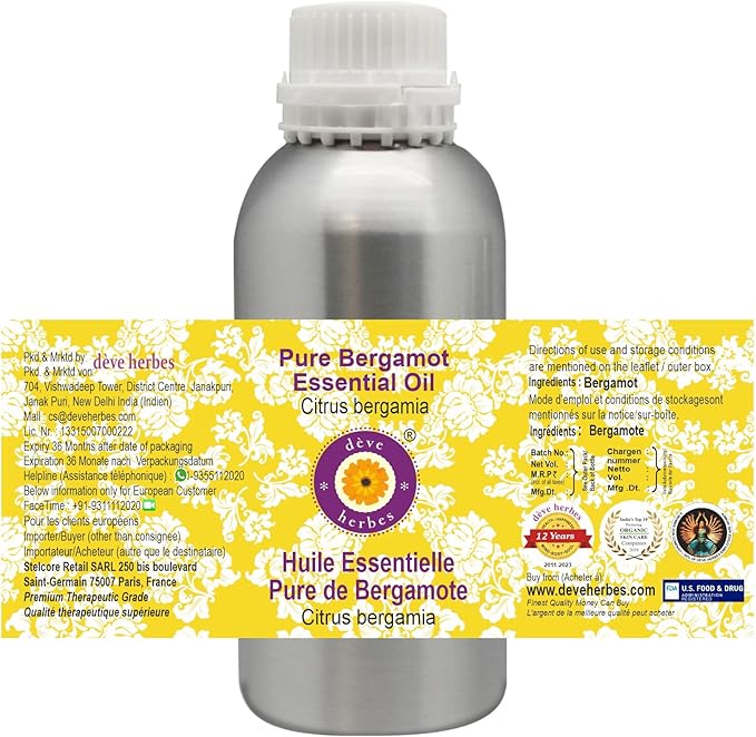 Deve Herbes Pure Bergamot Essential Oil (Citrus bergamia) Steam Distilled 1250ml (42 oz)