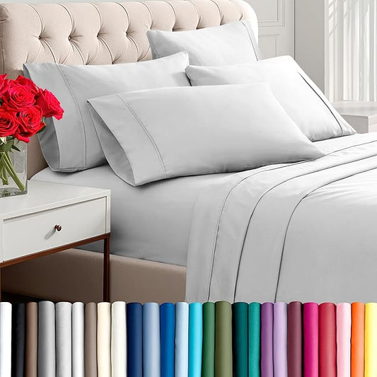 Bare Home Hotel Luxury Full XL Sheet Set, Extra Soft - 6 Piece Set - Deep Pockets - Easy Fit - Cooling & Breathable - Wrinkle, Fade, Stain Resistant - Includes 4 Pillowcases (Full XL, Cloud Grey)