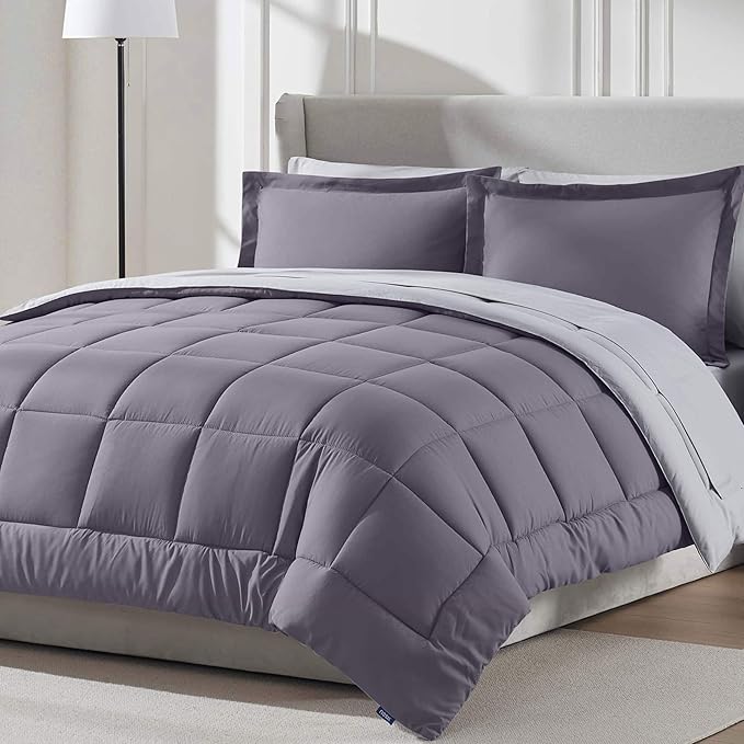 Nestl 9 Piece Queen Comforter Set – Grayish Purple Reversible Bed in a Bag – Complete Queen Size Bedding Set with Sheets, Set of 2 Cooling Pillows, Pillowcases and Shams