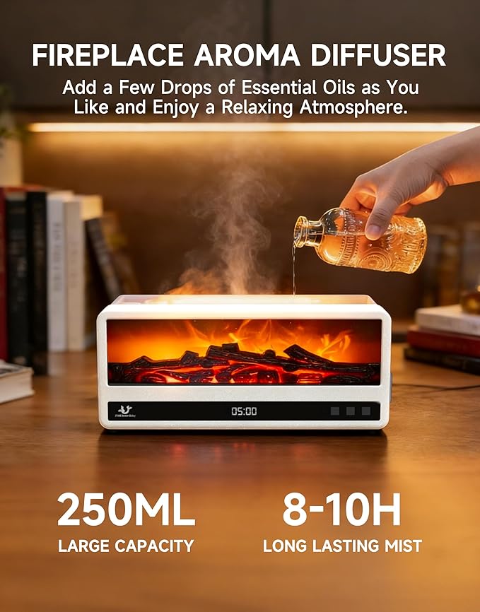 Essential Oil Diffuser, 250Ml Aromatherapy Diffuser with Realistic Flame Effect, 7 Color LED Lights, Remote Control, Quiet Mist for Bedroom Home Office(White)