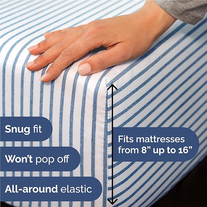 Full 6 Piece Sheet Set - Comfy, Breathable & Cooling - Soft Hotel Luxury Bedding for Women, Men, Kids, Teens and Children - 1 Flat & 1 Fitted Sheet & 4 Pillowcases with Deep Pockets - Blue Stripes 2