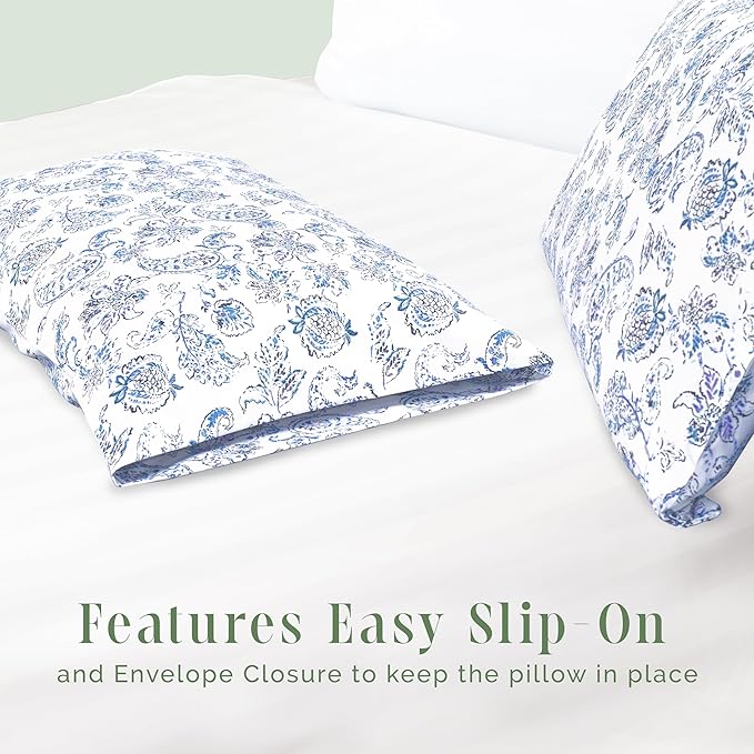 Elegant Comfort Ultra Soft Set of 2 Floral Print Pillowcases - 1500 Premium Hotel Quality Microfiber, Soft and Smooth Envelope Closure 2-Piece Pillow Covers - King, Paisley Indigo