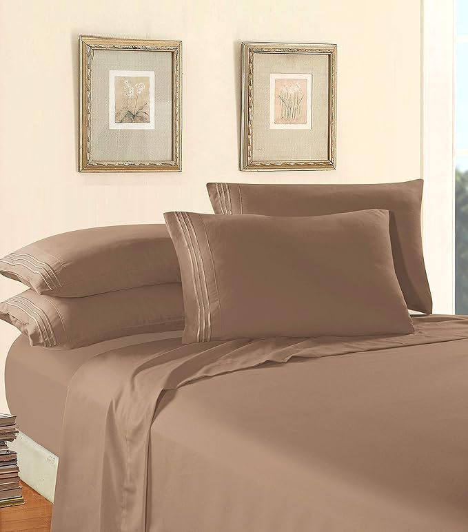 Elegant Comfort Luxury 1500 Premium Hotel Quality Microfiber 4-Piece Sheet Set - Wrinkle Resistant, All Around Elastic Fitted Sheet, Deep Pocket up to 16", Queen, Taupe