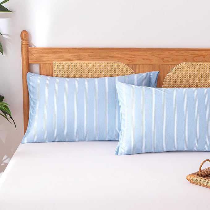 Amazon Basics Stripe Cooling Pillow Cases for Hot Sleepers, Soft Cooling Pillow Covers with Envelope Closure, 20" x 26", Standard, Blue, Pack of 2
