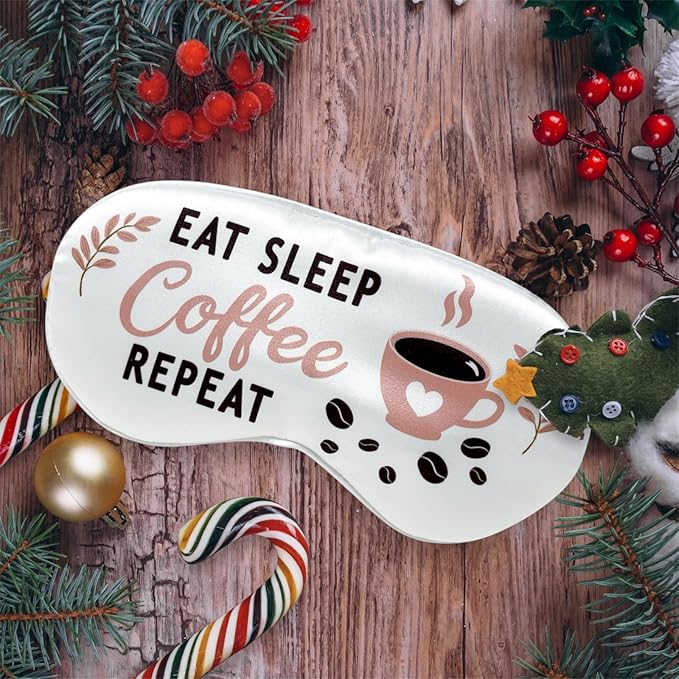 Eat Sleep Coffe Repeat Funny Sleeping Mask for Coffee Lover, Fun Coffee Gift for Coworker, Friend, Teacher, Night Shift Doctor and Nurse. Gift Idea for Birthday and Christmas Stocking Stuffer.
