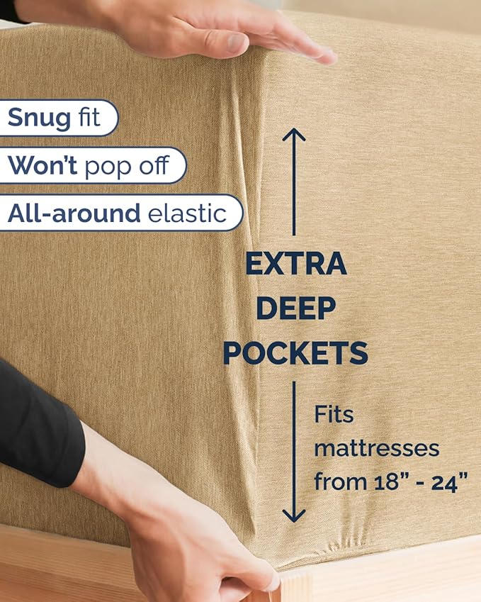 Extra Deep Twin XL Sheet Set - 4 Piece Breathable and Cooling Sheets - Hotel Luxury Bedding for Women, Men, Kids & Teens - Easy Secure Fit - Soft & Wrinkle Free - Extra Deep Pockets - Heathered Tan