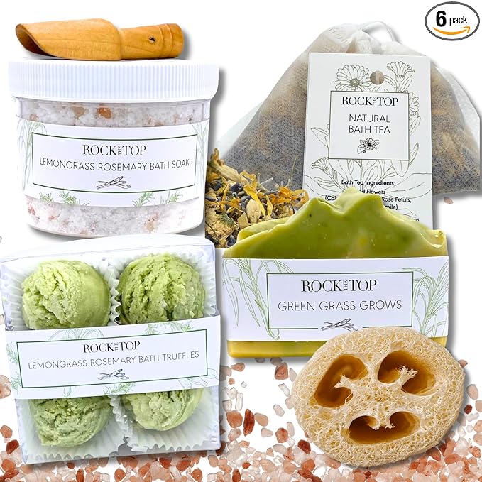| 6 Lemongrass Rosemary Self Care Gifts for Women, Aromatherapy Epsom Salt Bath Soak, Lavender Soap, Bath Bombs, Bath Salts with Plant Based Loofa Dry Brushing Body Brush Gift
