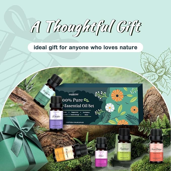 WUSEONY Top 6 Natural Aromatherapy Oils Gift Set, Essential Oils for Diffusers Home, Fragrance Oil Scent for Candle Soap Making - Lavender, Peppermint, Eucalyptus, Lemongrass, Sweet Orange, Clove