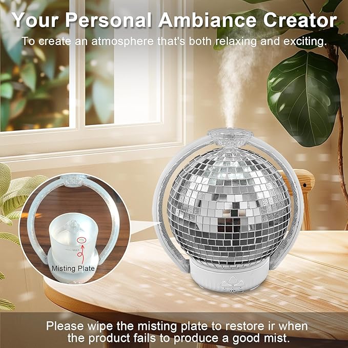 Rotating Disco Ball Diffuser, Mirror Ball Cute Diffuser with RGB Color Night Light, 2Timer Seting & 3 Light Mode Mirror Essential Oil Diffuser Aromatherapy Diffuser for Home Decor, Party, Bedroom