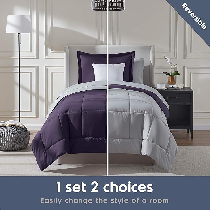 Nestl 7 Piece Twin Comforter Set – Purple Reversible Bed in a Bag – Complete Twin Size Bedding Set with Sheets, Set of 2 Down Alternative Pillows, Pillowcase and Sham