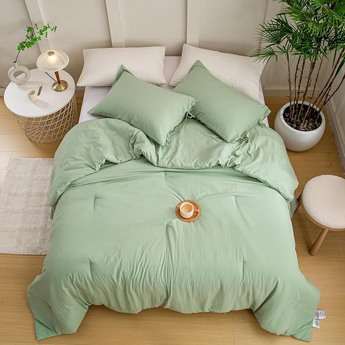 Sage Green Full Size Comforter Set, Super Soft Boho Plush Washed Polycotton Fabric, Cozy Comfy Down Alternative Bedding Blanket Comforter & Pillowcase Lightweight but Warm for All Season Use