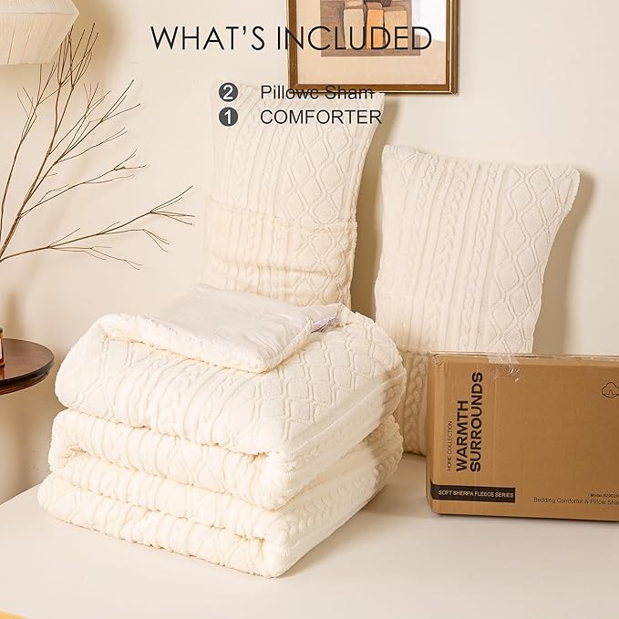 Warm Plush 3D Jacquard Boho Sherpa Fleece Queen Size Comforter Set - Cream Full/Queen Reversible Ultra-Soft Bedding Down Alternative Comforter Set Fluffy Surface for Cozy Autumn Winter Nights