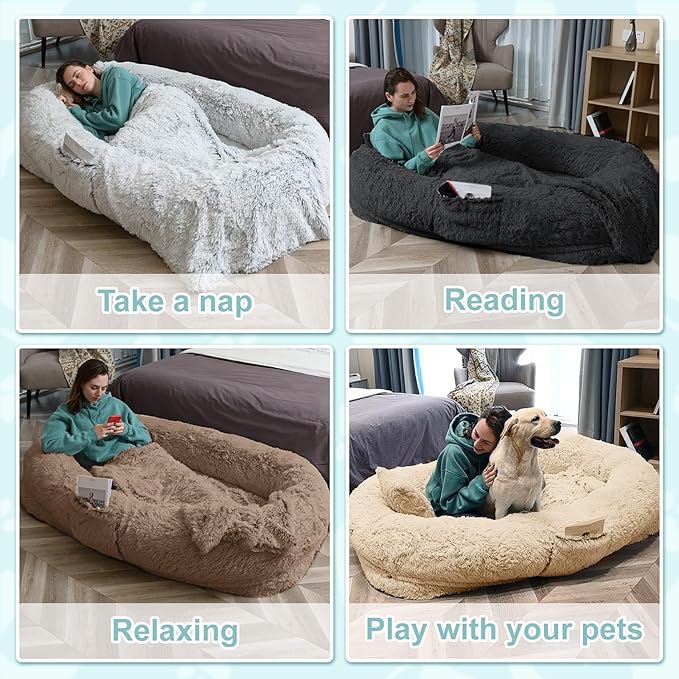 YAEM Human Dog Bed for Adult and Pets - 71"x45"x12" Dogs Beds for Humans with Washable Faux Fur Cover, Plump Pillow, Blanket, Orthopedic Design, Strap-Khaki