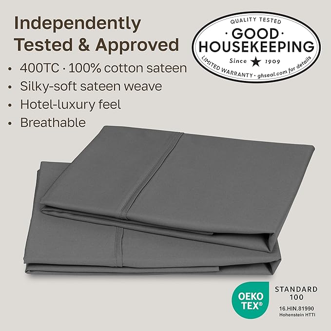 California Design Den King Size Pillowcase Set - 400 Thread Count, 100% Cotton Sateen, Set of 2 Pillow Covers, Soft and Breathable - Grey