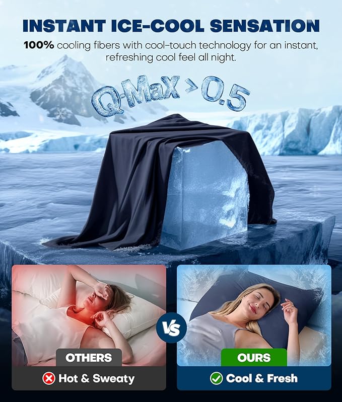 Ultra-Chill Cooling Pillowcase Set of 2 for Hot Sleepers, Softer Than Silk Pillow Cases for Protecting Hair & Skin, Breathable Bed Pillow Covers w/Zipper, Gifts for Women Men (Navy Blue, Queen)