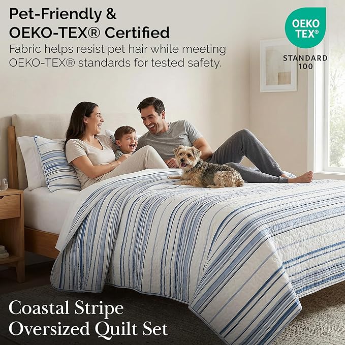 Southshore Fine Living, Inc. Twin/XL Quilt Bedding Set, Dorm Bedding Essentials, Stain Resistant, Machine Washable Striped Bedspread, Twin XL Comforter Set w/Pillow Sham, Blue Striped