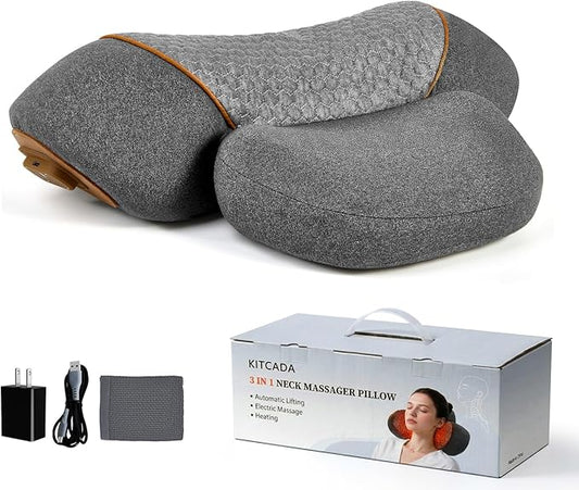 3-in-1 Neck Massager Pillow with Heating & Cervical Traction, Ergonomic Cervical Pillow for Neck Back Shoulder Pain Relief, Rechargeable Neck Pillow (Dark Gray)