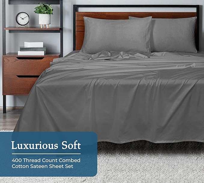 ROYALE LINENS 400 Thread Count 100% American Grown Cotton 4 Piece Sateen Full Sheet Set - 1 Fitted Sheet, 1 Flat Sheet, 2 Pillow case - Grey Full Bedsheet - Cotton Sheets - (Full, Spanish Slate)