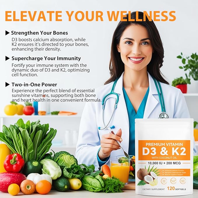 flasture Vitamin D3 K2 Supplement Softgels, 10000 IU VIT D3 + 200 MCG K2 (MK-7) | 2-in-1 Replenish Formula with Coconut Oil, Supports in Calcium Absorption, Easy to Swallow 120 Capsules.
