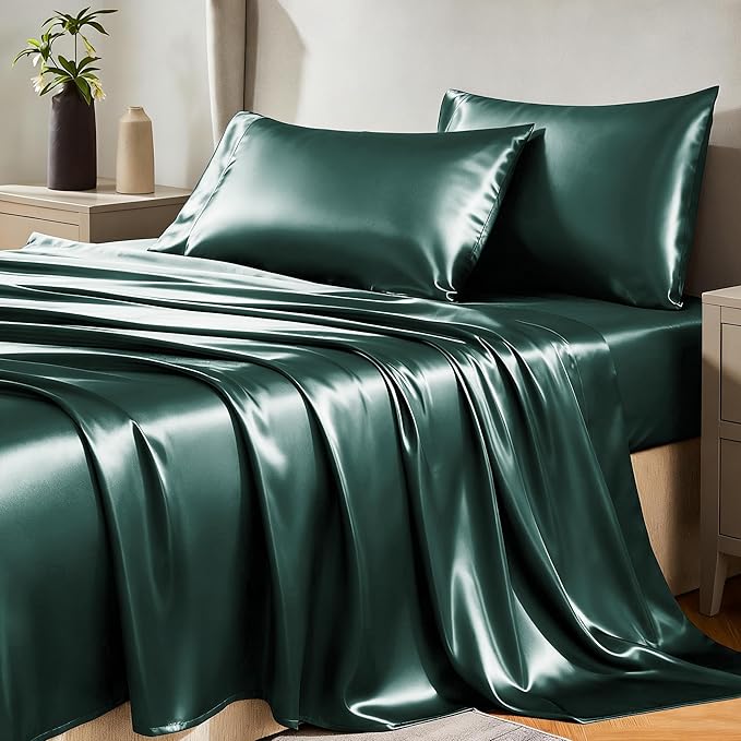 CozyLux Satin Sheets Full Size Sheets - 4 Piece Silky Full Size Bed Sheets, Luxury Deep Teal Full Bed Set with Smooth and Soft Microfiber, Includes 1 Fitted Sheet, 1 Flat Sheet and 2 Pillowcases