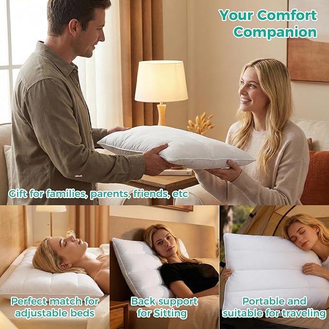 Three Geese Luxury Natural Flat Thin Goose Feather Down Pillows Queen Size, 2.5" Height, 100% Organic Cotton Cover, Medium Firm Hotel Collection Ultra Slim Thin Bed Pillows, Machine Washable