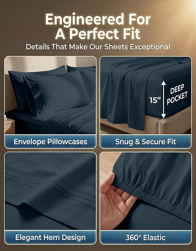 LANE LINEN Cal King Size Sheets Set - 600 Thread Count Premium Sateen Weave for Smooth Feel on Skin - Thick & Comfy Sheets for Summer - Securely Fits Mattresses Upto 15'' Deep - Estate Blue