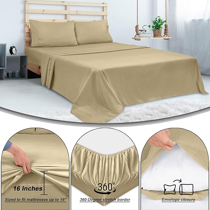 ROYALE LINENS 300 Thread Count 100% Long Staple Combed Cotton Sheet Set - 4 Piece King Bed Sheets - 1 Fitted, 1 Flat & 2 Pillow Cases - Soft Cool & Crisp Sheet Set (King, Beige)