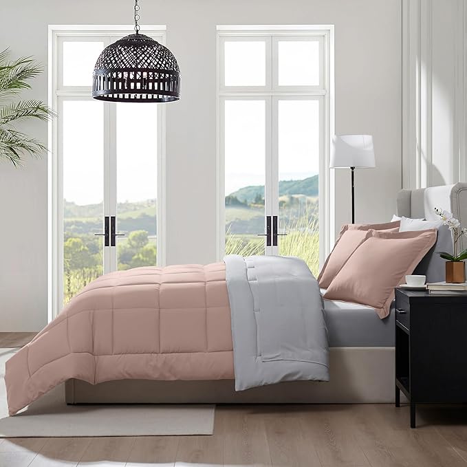 Nestl 9 Piece California King Comforter Set – Blush Pink Reversible Bed in a Bag – Complete Cal King Size Bedding Set with Sheets, Set of 2 Down Alternative Pillows, Pillowcases and Shams