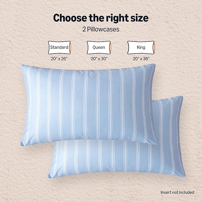 Amazon Basics Stripe Cooling Pillow Cases for Hot Sleepers, Soft Cooling Pillow Covers with Envelope Closure, 20" x 30", Queen, Blue, Pack of 2