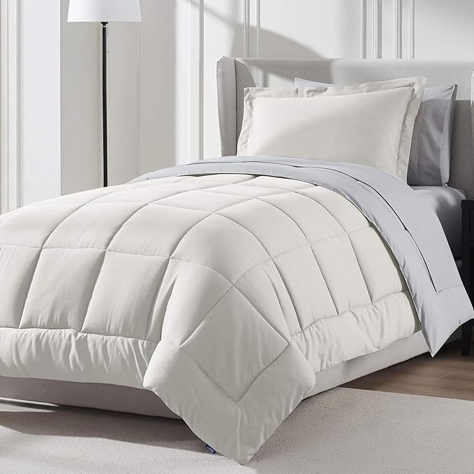 Nestl 7 Piece Twin XL Comforter Set – Off White Reversible Bed in a Bag – Complete Twin XL Size Bedding Set with Sheets, Set of 2 Down Alternative Pillows, Pillowcase and Sham