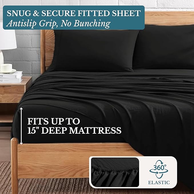 Casa Platino California King Sheets, 4 Piece Set, Pre-Washed Ultra Soft Bed Sheets Set, Brushed Microfiber Bedding Sets, Size Sheet with 15 inch Deep Pockets - Black
