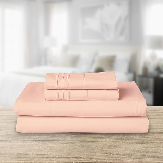Elegant Comfort Luxurious 1500 Premium Hotel Quality Microfiber Three Line Embroidered Softest 4-Piece Bed Sheet Set, Wrinkle and Fade Resistant, Full, Blush Pink