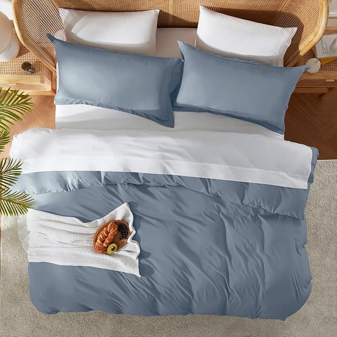 Nestl Queen Duvet Cover Set with Comforter Insert - Stone Blue 4 Piece 90x90 Duvet Cover & 2 Pillow Shams with White Quilted Down Alternative Comforter, Ultra Soft, All Season