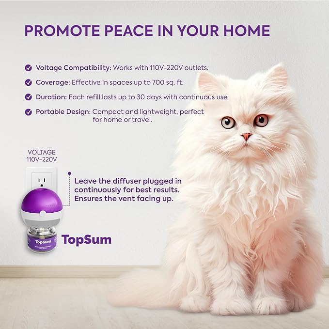 TopSum Cat Calming Pheromone Diffuser: Feline Pheromones Plug in for Stress, Along At Home, Spraying, Fighting, Scratching, Aggression & Excessive Meowing (Purple– 4 Refills)