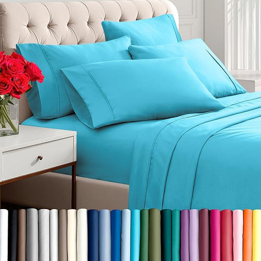 Bare Home Hotel Luxury King Sheet Set, Extra Soft - 6 Piece Set - Deep Pockets - Easy Fit - Cooling & Breathable - Wrinkle, Fade, Stain Resistant - Includes 4 Pillowcases (King, Aqua)