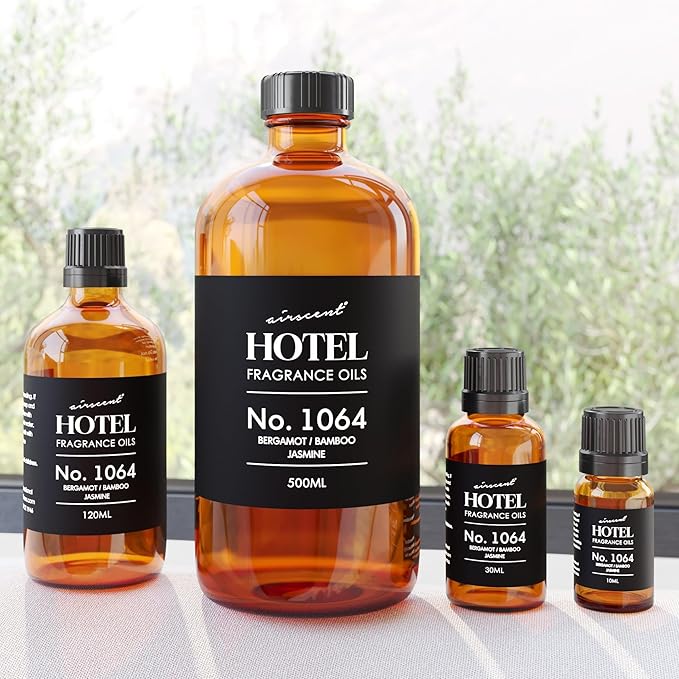 AirScent Hotel Diffuser Oil No. 1064 - Bergamot Bamboo Jasmine - Premium Fragrance Oil for Ultrasonic and Waterless Diffusers and Crafting - 120 mL, 4 fl oz Glass Dropper Bottle