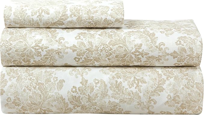 ROYALE LINENS 300 Thread Count 100% Long Staple Combed Cotton Sheet Set - 4 Piece King Bed Sheets - 1 Fitted, 1 Flat & 2 Pillow Cases - Soft Cool & Crisp Sheet Set (King, Floral Damask,Rainy Day)
