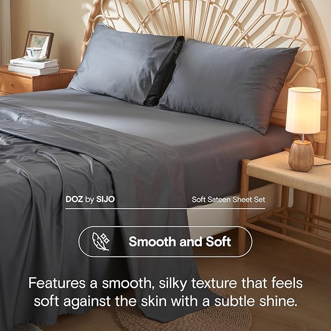DOZ 100% Long Staple Cotton Duvet Cover Set, Soft Sateen Weave Cotton, Smooth, Breathable, Hotel Comfort, 90"x90", 8 Loops, 3pc – 2 Pillowcases 1 Duvet Cover (Storm, Full/Queen)