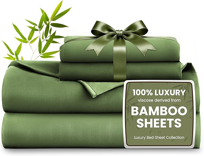 Love's cabin 3 Piece Twin XL Sheet Set, 100% Rayon Derived from Bamboo, Cooling & Breathable, Soft Silky Deep Pocket up to 16", Hotel Luxury Bedding for Hot Sleepers, Olive Green