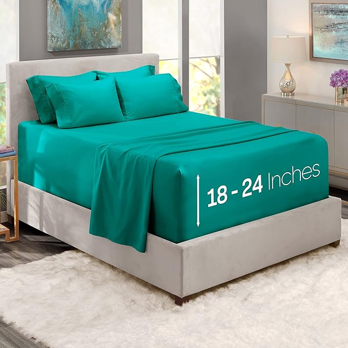 Hearth & Harbor Extra Deep Pocket Sheets - Fits Mattress 18-24 Inches Deep - Extra Deep Pocket Twin XL Sheets Sets - 4 Piece Twin XL Size - Teal