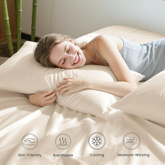 Love's cabin 3 Piece Twin Sheet Set, 100% Rayon Derived from Bamboo, Cooling & Breathable, Soft Silky Deep Pocket up to 16", Hotel Luxury Bedding for Hot Sleepers, Beige