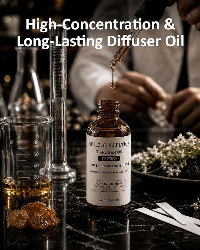 Hotel Diffuser Oil Inspired by Four Seasons Hotel – Fragrance & Essential Oil Blend for Waterless & Cold Air Diffusers – Citrus, Rose, Cedar – Long-Lasting Aroma – Aromatherapy – 4 Fl Oz Glass Bottle