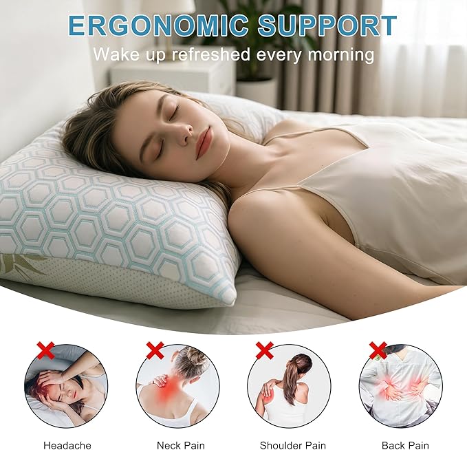 Memory Foam Pillows Standard Size Set of 2 Viscose from Bamboo Cooling Pillows for Hot Sleepers Adjustable Cool Pillow for Side Back Stomach Sleepers with Removable Washable Cover, 20"*26"