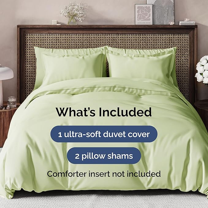 Duvet Cover Queen Size Set - Extra Soft Queen Duvet Cover 90" x 90" with 2 Pillow Shams - Hotel Luxury, Easy Care & Fade Free w/ Zipper Closures & Ties - Comfy, Cozy & Breathable (Light Sage Green)